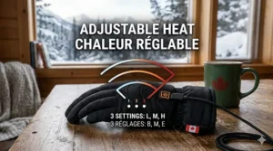 Close-up of the LED temperature control button on a USB heated glove showing three heat levels.