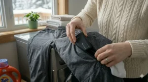 Heated pants air-drying flat on a rack in a laundry room, keeping the technical garment away from high-heat tumble dryers.