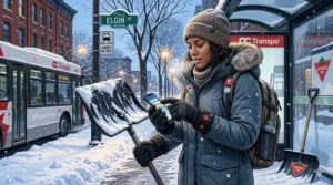 An urban commuter in a winter parka using touch-screen compatible battery heated gloves at a snowy transit stop.