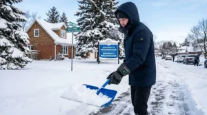 A person wearing battery heated gloves for extreme cold while clearing heavy snow in a Mississauga, Canadian winter setting with bilingual signage visible.