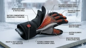 Technical illustration showing the internal carbon fiber heating zones of battery heated gloves for maximum warmth.