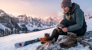 Illustration of a skier at a Canadian resort staying warm with rechargeable battery heated socks.