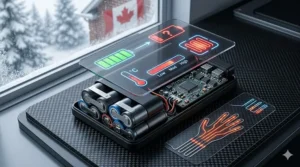 Close-up graphic of a slim-fit lithium-ion battery pack used in heated winter gloves, showing long-lasting charge icons.
