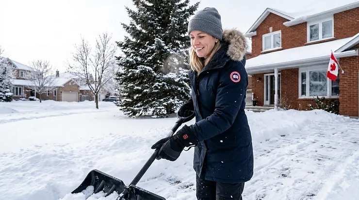 A person wearing high-performance battery heated gloves while clearing snow from a driveway during a Canadian winter storm.