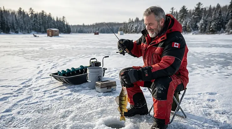 A Canadian angler using heated gloves for ice fishing on a frozen lake in Ontario, holding a fresh catch.