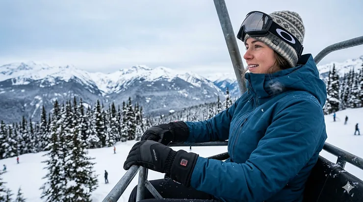 A skier using battery-powered heated ski gloves while looking out over the snowy peaks of the Canadian Rockies. heated ski gloves for cold hands