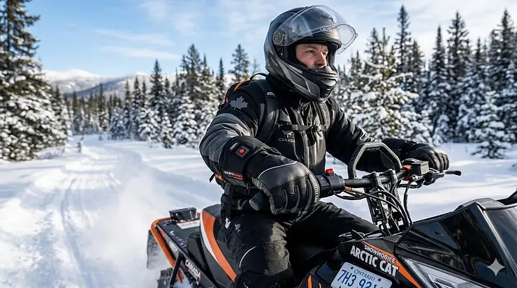 A rider wearing premium heated snowmobile gloves while riding a sled through a snowy Canadian pine forest.