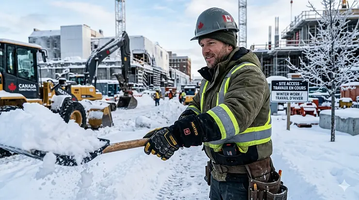 A professional worker using heavy-duty heated work gloves to clear snow at a Canadian construction site during winter.