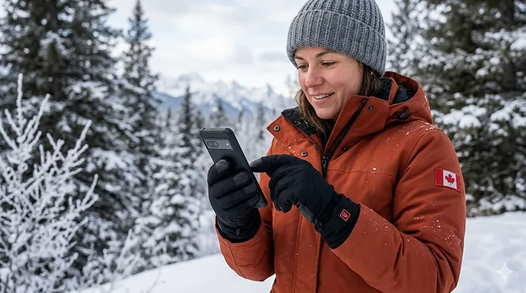 A person using a smartphone while wearing touchscreen heated gloves during a snowy Canadian winter.