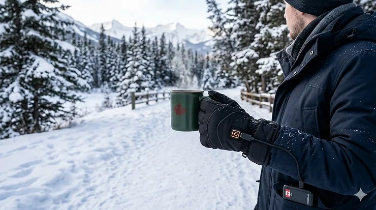 A person wearing black USB heated gloves while holding a warm coffee cup outdoors in a snowy Canadian park.