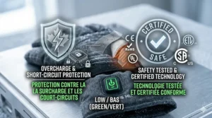 A high-detail photorealistic illustration of the safety certifications and technology for a battery heated glove, featuring bilingual English and French labels for Overcharge Protection and Safety Tested & Certified, including a Canadian standards mark.