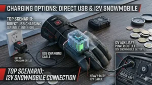 Graphic showing how to charge heated snowmobile gloves using a USB port or a 12V snowmobile battery connection.