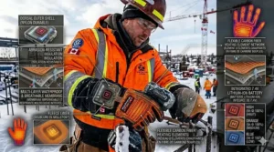 Ergonomic illustration highlighting the dexterity and grip patterns of heated work gloves for construction to ensure safety on the job.