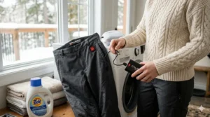 Close-up instructions for disconnecting the lithium-ion battery from the power cable inside the pocket of heated pants before laundering.
