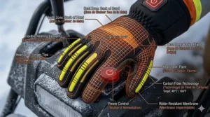Cross-section illustration of heated work gloves featuring waterproof liners, Thinsulate insulation, and reinforced leather.