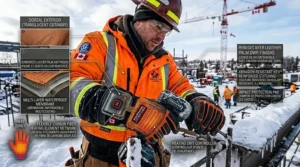 Detailed view of reinforced leather palms and abrasion-resistant stitching on durable heated work gloves for construction.