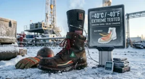 An illustration of a quiet, bladeless neck fan being used in a professional Canadian office setting, emphasizing safe, distraction-free airflow.