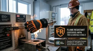 Illustration of flame-resistant (FR) heated gloves compliant with Canadian oil field safety regulations and flash-fire protection.