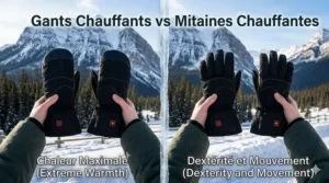 Bilingual comparison graphic showing gants chauffants vs mitaines chauffantes for Canadian winter gear shoppers.