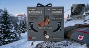 Illustration of a gift box for battery heated socks with English and French "Bas chauffants" labels.