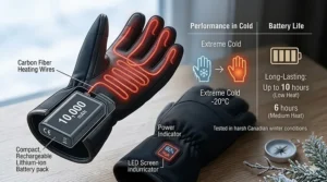A detailed diagram illustrating the long-lasting battery life of heated gloves, demonstrating continuous warmth during extreme -20°C Canadian winter conditions.