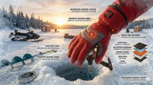 Quality-tested heated gloves for ice fishing with bilingual English and French safety labels for the Canadian market.