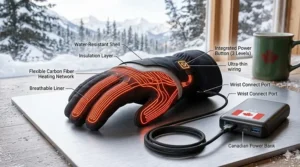 Diagram showing carbon fiber heating elements inside winter gloves with USB connection.