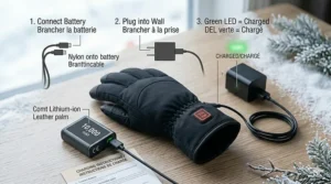 A photorealistic infographic showing a black heated glove and its lithium-ion battery detailing the bilingual charging instructions for the touchscreen heated gloves in Canadian English and French.