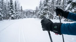 Lightweight heated gloves being used for cross-country skiing on a groomed trail in Ontario.