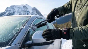 Close-up of heated gloves providing finger dexterity for clearing ice off a car windshield in Canada.