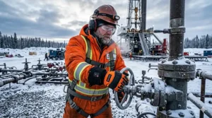 An oil field worker in Alberta wears battery-powered heated gloves while operating machinery during a heavy Canadian winter snowfall.