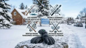 A photorealistic activity guide illustrating the versatile use of battery heated gloves for extreme cold in Canadian winter activities, featuring bilingual English and French icons for Ice Fishing, Skiing, Winter Hiking, and Outdoor Hockey.