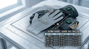 A high-detail photorealistic illustration of a sizing guide and measurement chart for a battery heated glove, featuring a human hand shape superimposed on a metric and imperial grid surface, with bilingual English and French measurement labels (CM/INCHES).