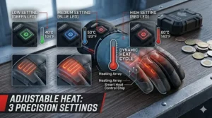 Graphic displaying the adjustable heat settings on heated snowmobile gloves for varying Arctic temperatures.