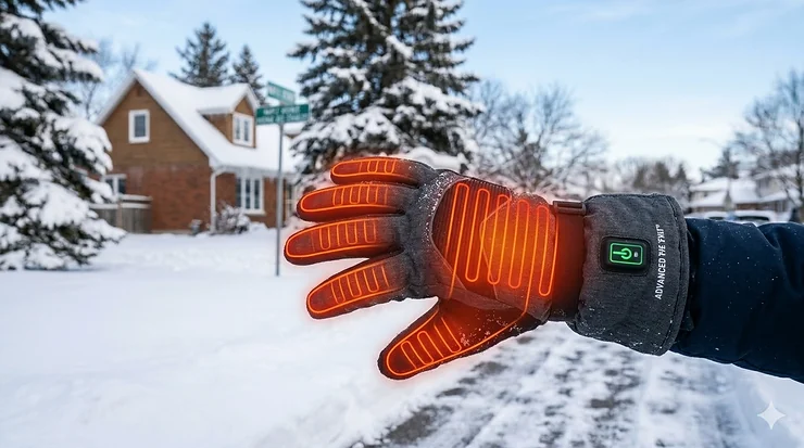 Illustration showing the internal heating zones of battery heated gloves for extreme cold, highlighting full finger and thumb coverage.