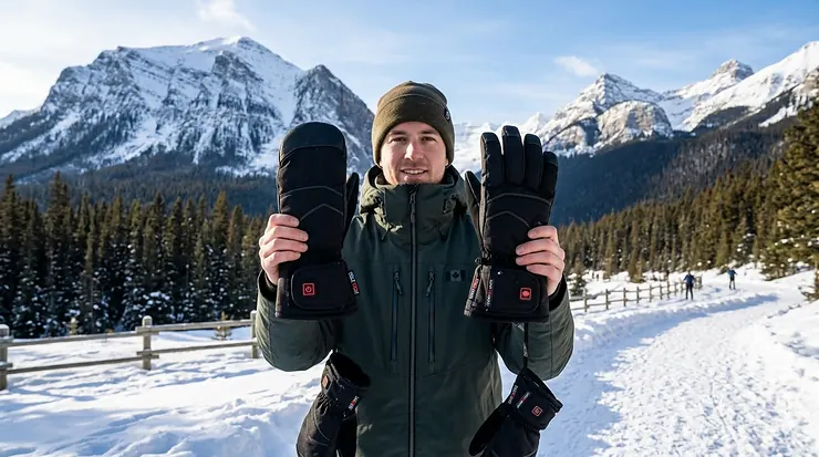 A person holding a pair of heated mittens and heated gloves against a snowy Canadian Rocky Mountain backdrop.