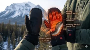 Illustration showing how heated mittens keep fingers together to retain heat during extreme Canadian winters.