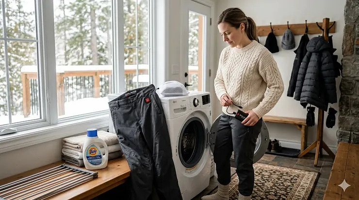 A Canadian woman in a winter mudroom preparing to wash her heated pants, removing the battery pack near a snowy window.