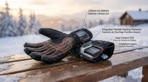 Technical illustration of long-lasting battery packs inside heated ski gloves, designed to endure harsh Canadian winters.