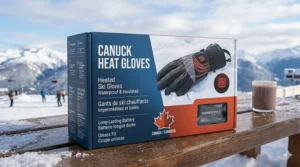 Illustration of heated ski gloves with bilingual English and French descriptions, meeting Canadian market standards.