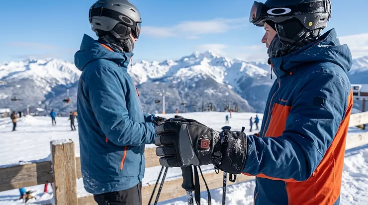 A skier wearing premium heated ski gloves while looking over the snowy peaks of the Canadian Rockies, providing warmth in sub-zero temperatures.
