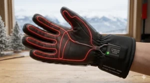 Diagram showing the internal carbon fiber heating elements of heated ski gloves for extreme cold.