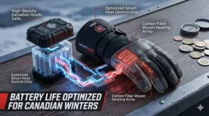 Diagram showing the long-lasting battery life of heated snowmobile gloves, essential for cold Canadian winters.