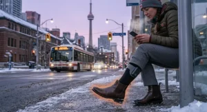 A commuter waiting for a bus in Toronto wearing discreet battery heated socks under professional attire.
