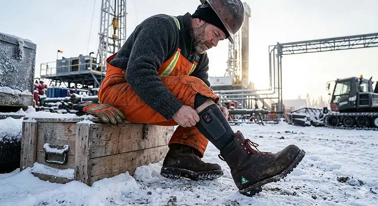 A Canadian woman enjoys a summer festival in Toronto wearing a white bladeless neck fan, safe for her long hair and providing hands-free cooling. heated socks for work boots