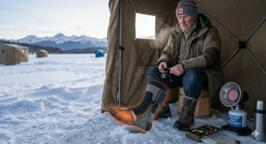 Illustration of an angler using battery heated socks inside boots while ice fishing on a frozen lake.