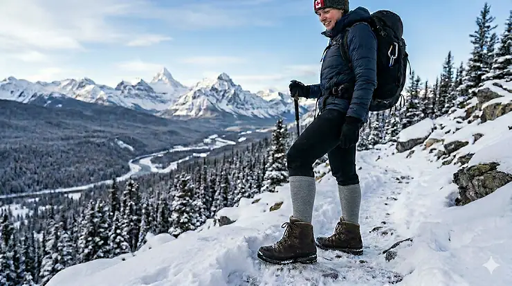 A hiker standing on a snowy mountain trail in the Canadian Rockies wearing heated socks with longest battery life.