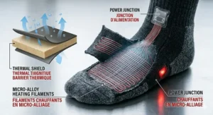 A graphic showing a bladeless neck fan used during a Montreal Metro commute; text includes "Safe Cooling" and "Refroidissement Sécuritaire."