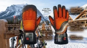 Diagram of battery placement in heated mittens vs heated gloves designed for cold weather endurance.