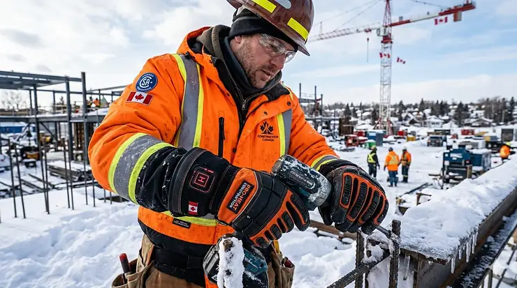 A construction worker wearing high-visibility gear and heavy-duty heated work gloves for construction while handling tools on a snowy job site in Ontario.
